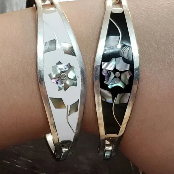 MEXICAN SILVER BRACELETS with INLAID FLOWER MOTIFS OF NATURAL MOTHER OF PEARL - Picture 1 of 11